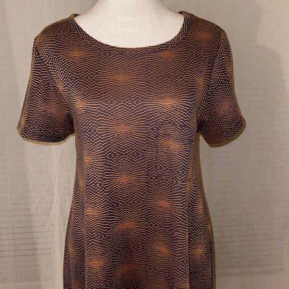 LuLaRoe S Carly Burnt Orange Indigo Blue Knit Crewneck Short Sleeve Hi Low Dress - Picture 3 of 10